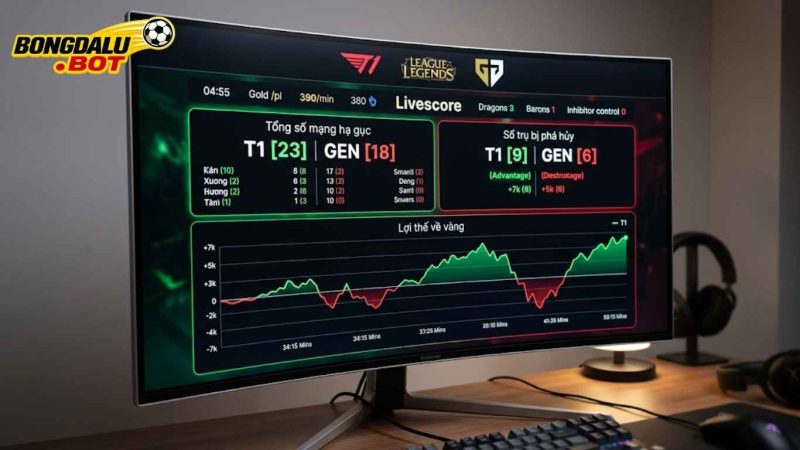 Giao diện Livescore LMHT hiển thị chi tiết lượng vàng và mục tiêu lớn.